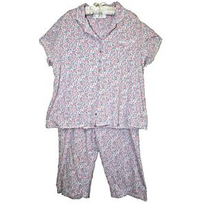 Eileen West 2 PC Capri Pajama Set XL Coral Flowers Cotton Knit‎ Top Bottoms 2017